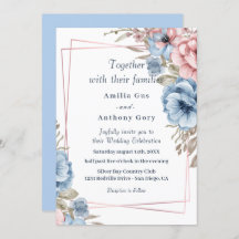 rustic floral blue and pink Wedding Invitation