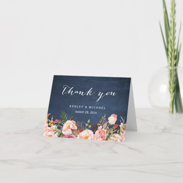 Rustic Floral Blue Chalkboard Thank You Card (Front)
