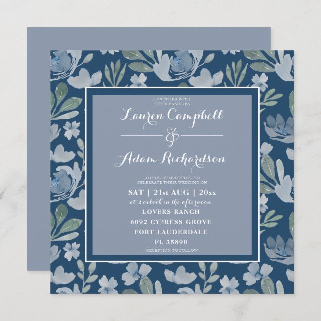 Rustic Floral Blue & Teal Floral Wedding  Invitati Invitation (Front/Back)