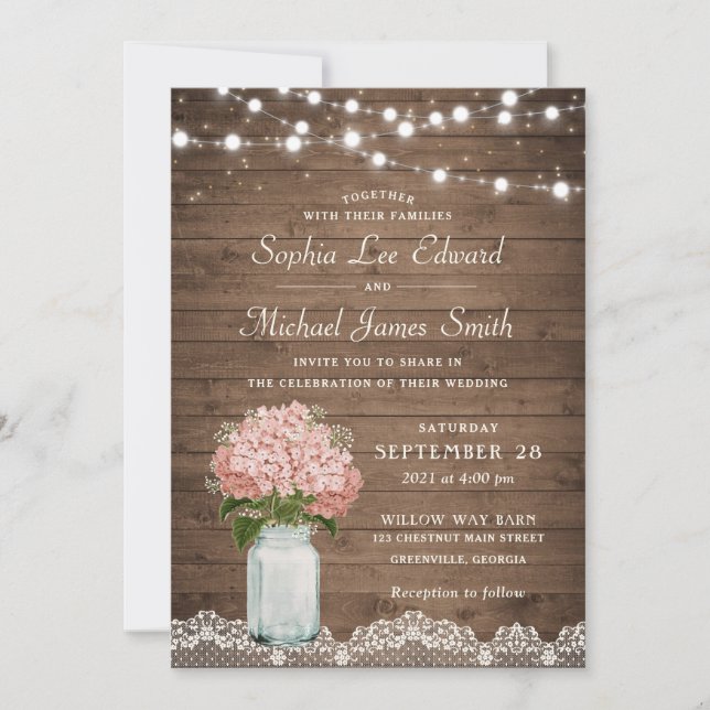 Rustic Floral Blush Hydrangea Mason Jar Lace Light Invitation (Front)