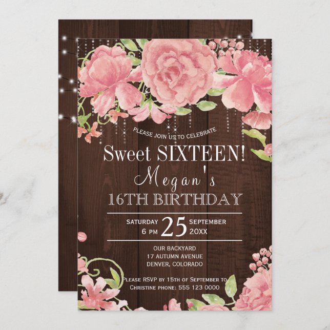 Rustic floral blush peonies barnwood sweet sixteen invitation (Front/Back)