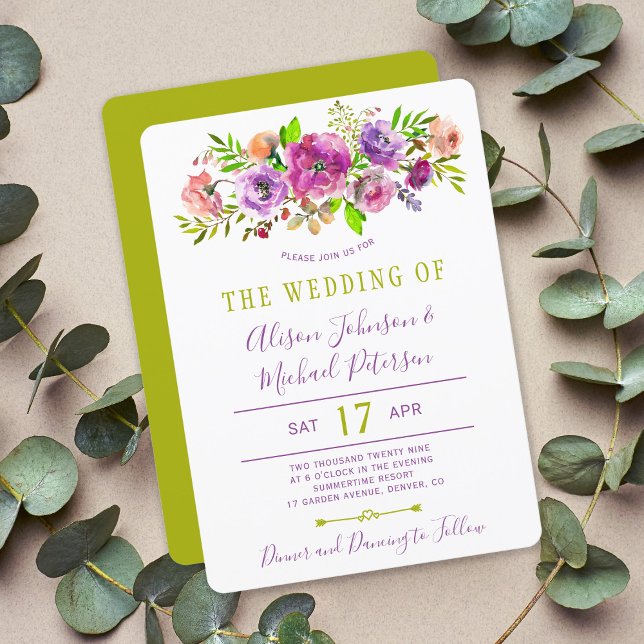 Rustic floral bohemian purple green wedding invitation (Creator Uploaded)