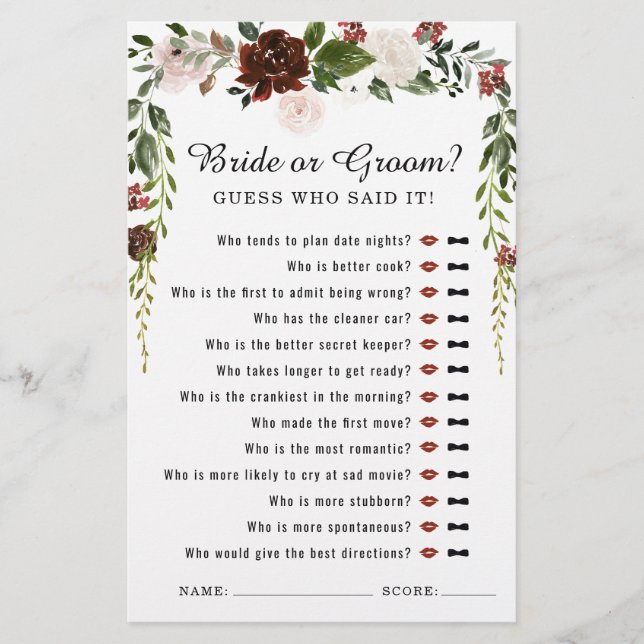 Rustic Floral | Boho Botanical Bridal Shower Game (Front)
