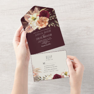 Rustic Floral Boho Burgundy Wedding All In One Invitation