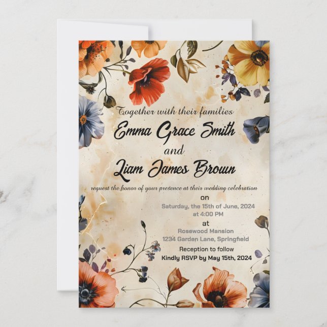 Rustic floral boho colorful wedding invitation (Front)