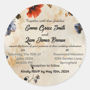 Rustic floral boho colorful wedding invitation classic round sticker