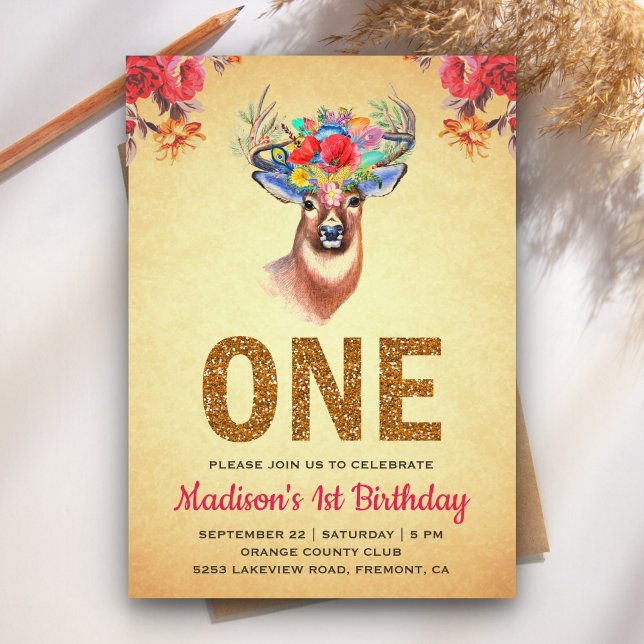 Rustic Floral Boho Deer First Birthday Invitation (Creator Uploaded)
