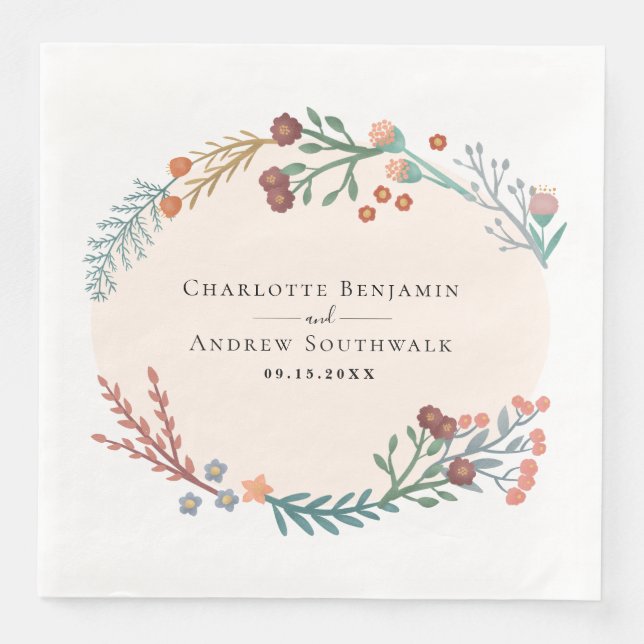 Rustic Floral Boho Wildflower Wreath Wedding Napkin (Front)