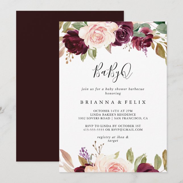 Rustic Floral Botanical BabyQ Baby Shower Barbecue Invitation (Front/Back)