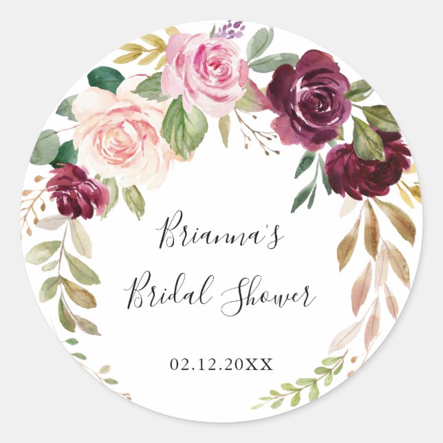 Rustic Floral Botanical Bridal Shower Favour Classic Round Sticker (Front)