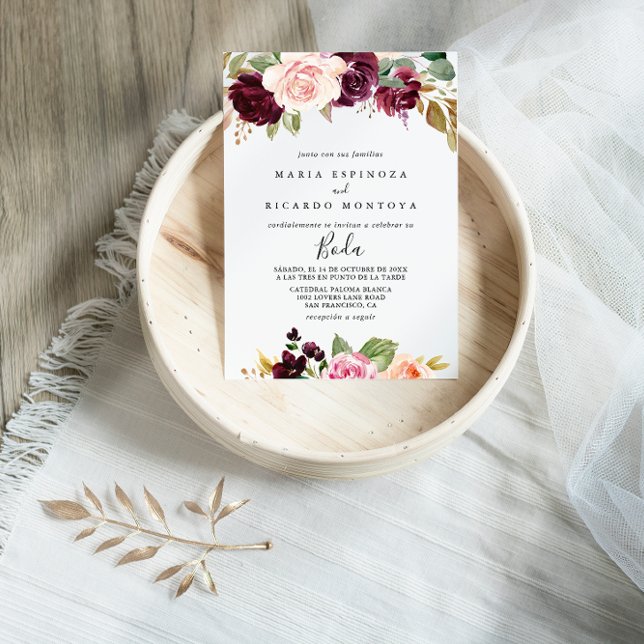 Rustic Floral & Botanical Foliage Spanish Wedding Invitation (Creator Uploaded)