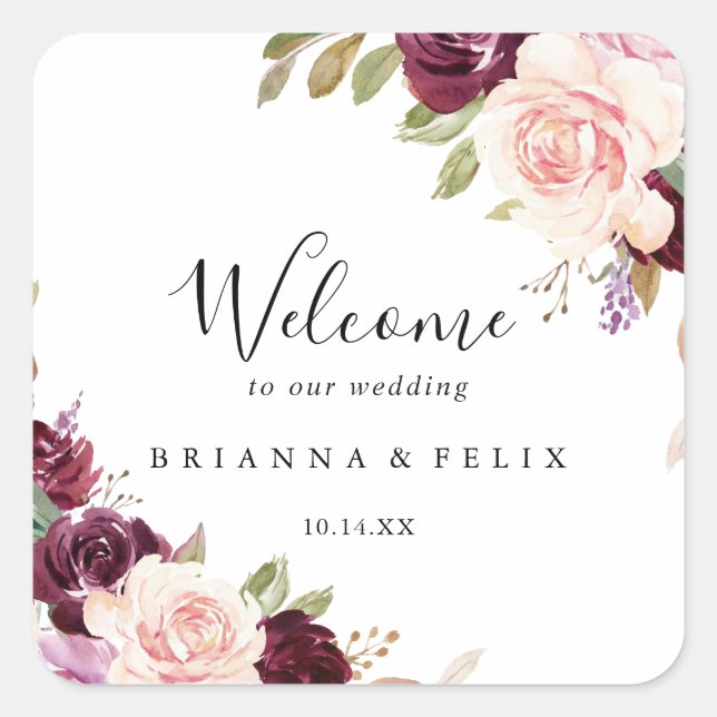 Rustic Floral Botanical Foliage Wedding Welcome Square Sticker (Front)