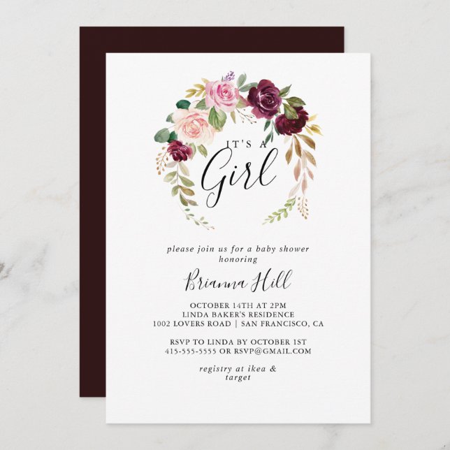 Rustic Floral Botanical It's A Girl Baby Shower Invitation (Front/Back)