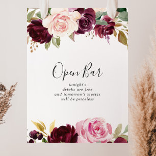 Rustic Floral Botanical Wedding Open Bar Sign