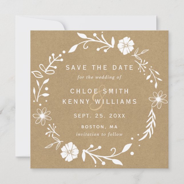 Rustic Floral Botanical Wreath Faux Kraft Square Save The Date (Front)