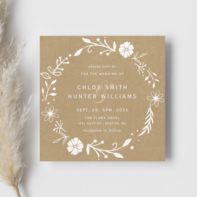 Rustic Floral Botanical Wreath Faux Kraft Wedding  Invitation (Creator Uploaded)