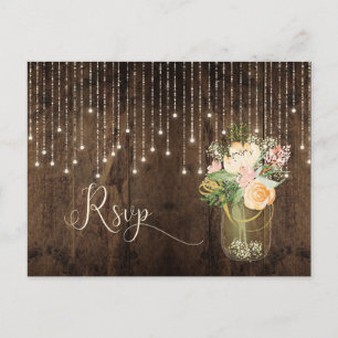 Rustic Floral Bouquet Mason Jar Lights RSVP Invitation Postcard