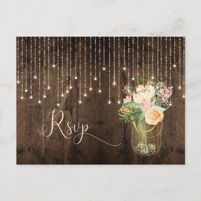 Rustic Floral Bouquet Mason Jar Lights RSVP | Invitation Postcard (Front)