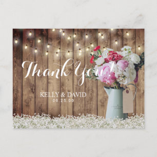 Rustic Floral Bouquet & String Lights Thank You Postcard