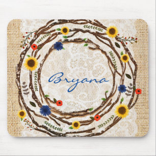 Rustic Floral Branches Lace & Burlap Mouse Pad
