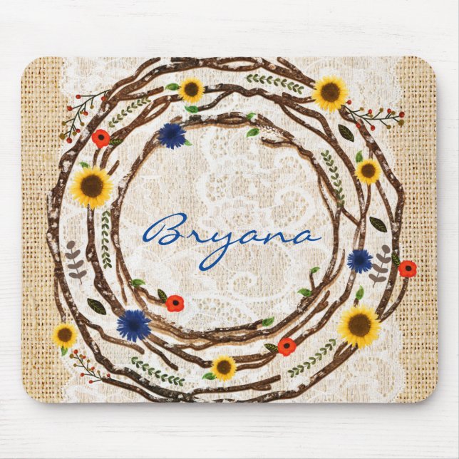 Rustic Floral Branches Lace & Burlap Mouse Pad (Front)