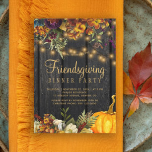 Rustic floral brown barn wood friendsgiving party invitation