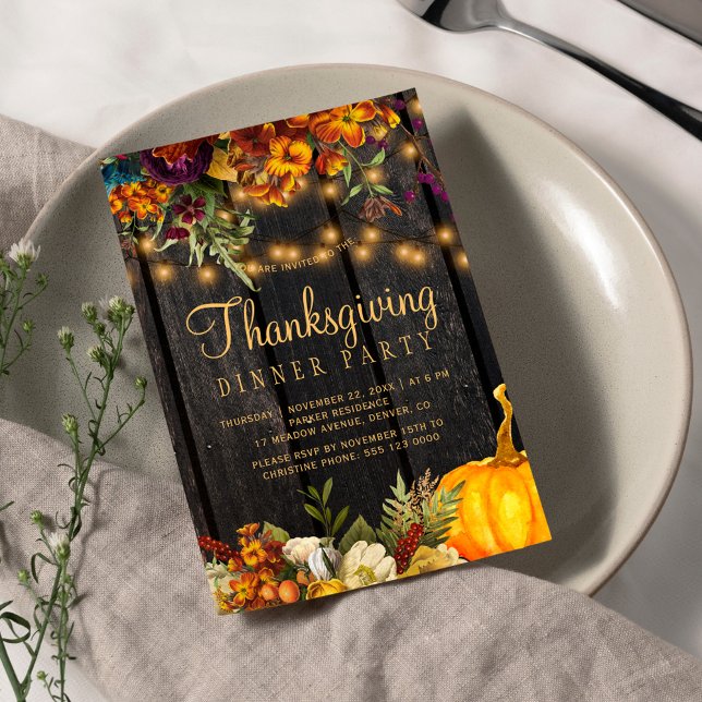 Rustic floral brown barn wood Thanksgiving dinner Invitation (Creator Uploaded)
