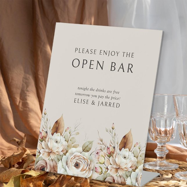 Rustic Floral Brown Neutral Wedding Open Bar Pedestal Sign (Open bar sign from the Rustic Floral Brown Neutral Wedding Collection by Darling & May)