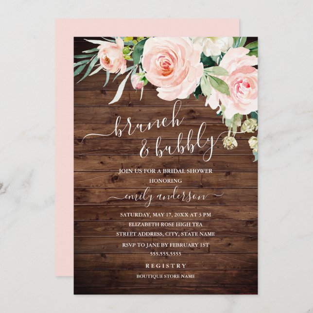 Rustic Floral Brunch And Bubbly Bridal Shower Invitation (Front/Back)