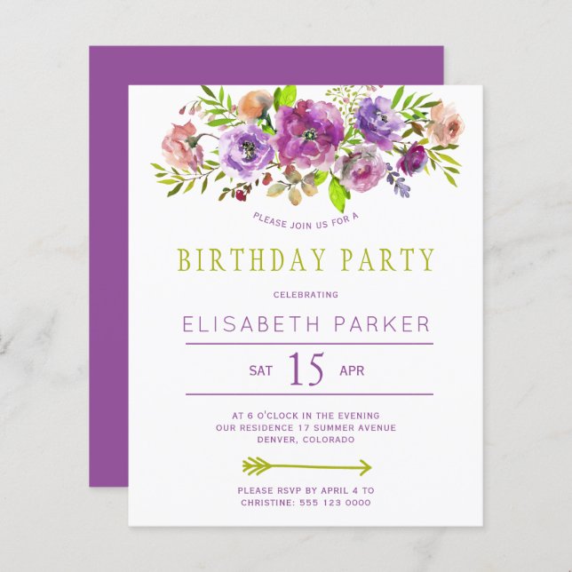 Rustic floral budget birthday party invitation (Front/Back)