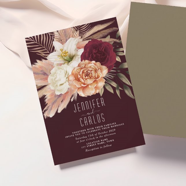 Rustic Floral Burgundy and Peach Wedding Invitation (Creator Uploaded)