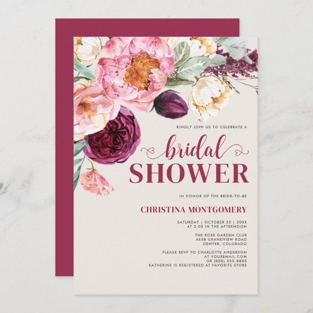 Rustic Floral Burgundy Botanical Bridal Shower Invitation (Front/Back)