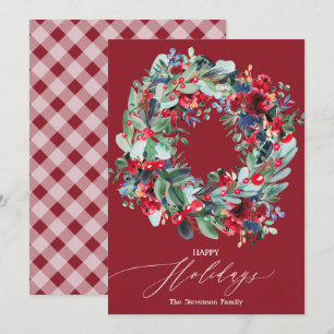 Rustic floral burgundy Christmas wreath happy Holiday Card