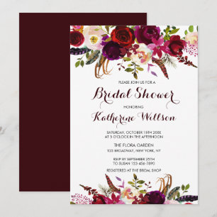 Rustic Floral Burgundy Marsala Fall Bridal Shower Invitation