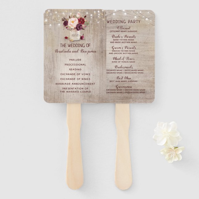 Rustic Floral Burgundy Mason Jar Wedding Program Hand Fan (Front and Back)