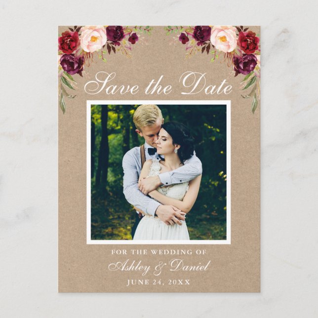 Rustic Floral Burgundy Save the Date Photo Kraft Announcement Postcard (Front)