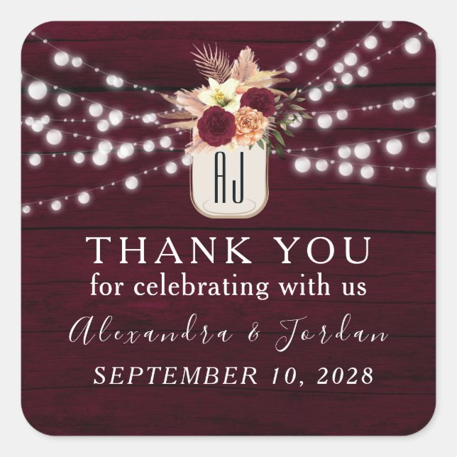 Rustic Floral Burgundy Wedding Square Sticker (Front)