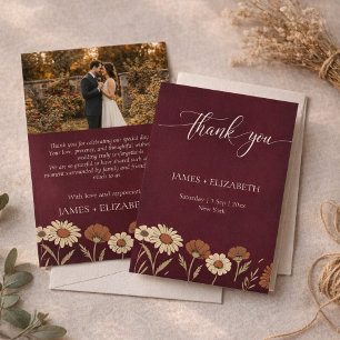 Rustic Floral Burgundy Wedding Thank You Card