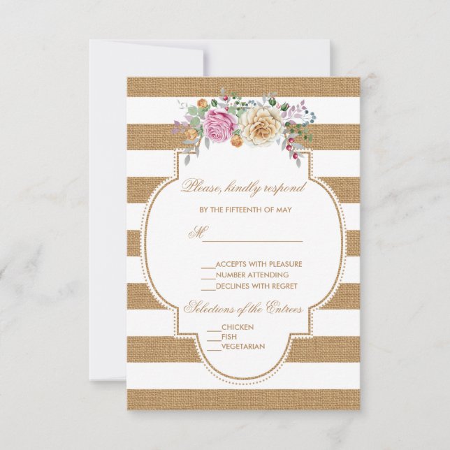 Rustic Floral Burlap Stripes Wedding RSVP Card (Front)