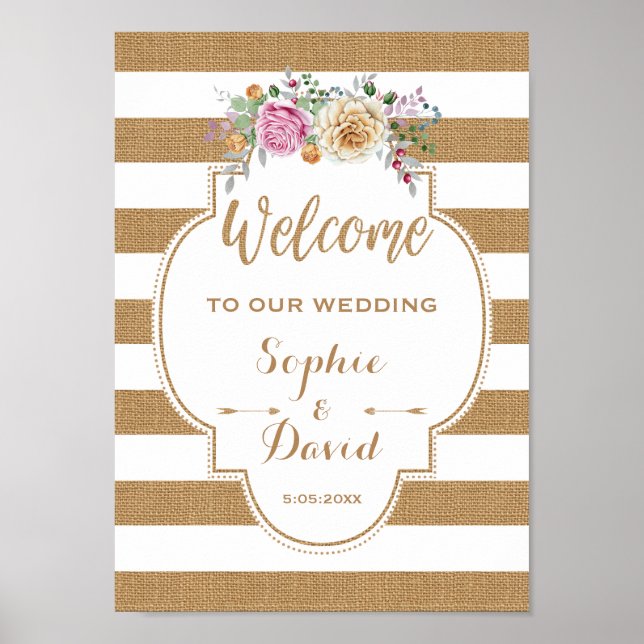 Rustic Floral Burlap Stripes Wedding WELCOME SIGN (Front)