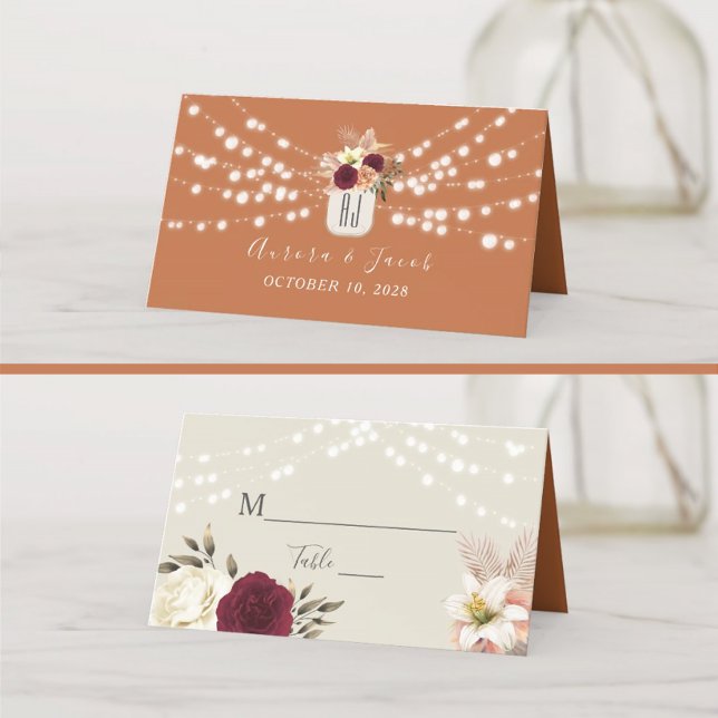 Rustic Floral Burnt Orange Wedding Place Card (Creator Uploaded)