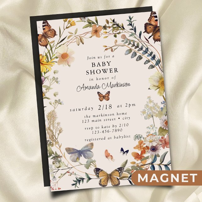 Rustic Floral Butterfly Gender Neutral Baby Shower Magnetic Invitation (Creator Uploaded)