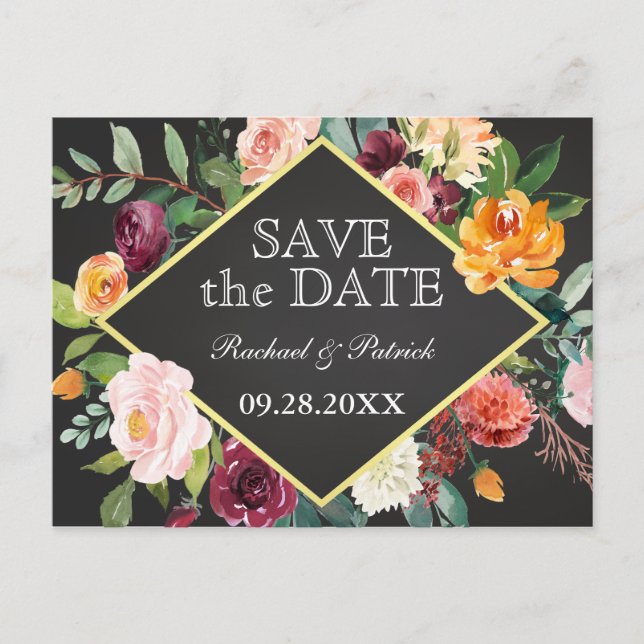 Rustic Floral Chalkboard Wedding Save the Date Announcement Postcard (Front)