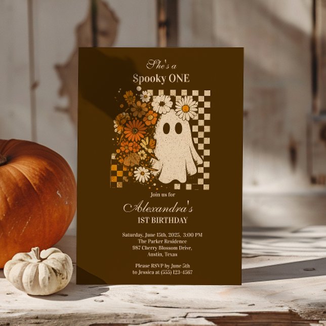 Rustic Floral Chequerboard Ghost 1st Birthday Invitation (Creator Uploaded)