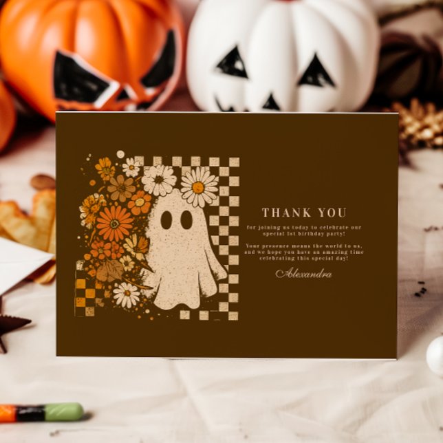 Rustic Floral Chequerboard Ghost 1st Birthday Thank You Card (Creator Uploaded)