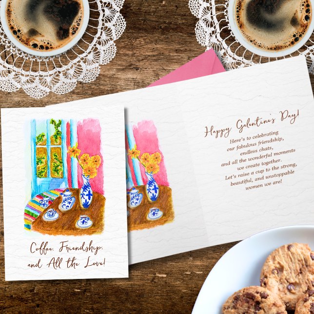 Rustic Floral Coffee Setting Happy Galentine’s Day Card (Creator Uploaded)