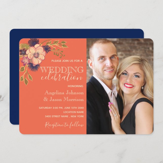Rustic Floral Coral and Navy Blue Wedding Photo Invitation (Front/Back)