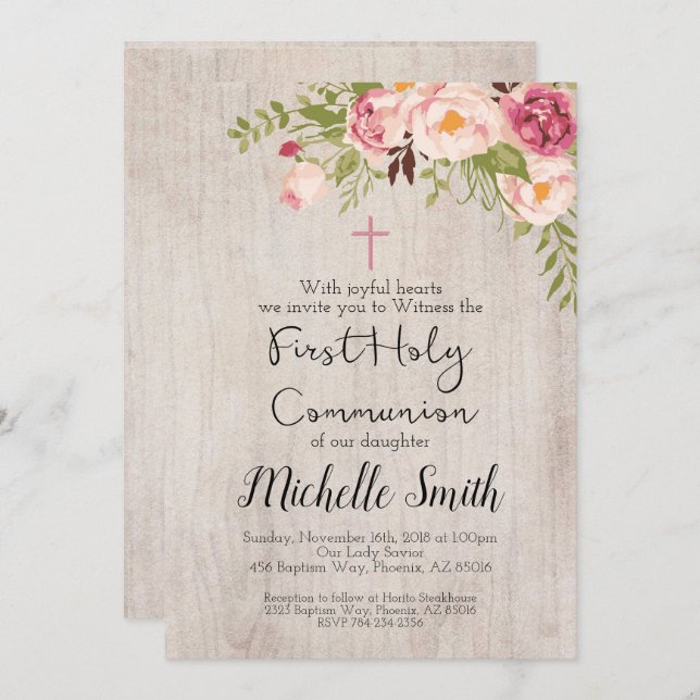 Rustic Floral Country Script First Holy Communion Invitation (Front/Back)