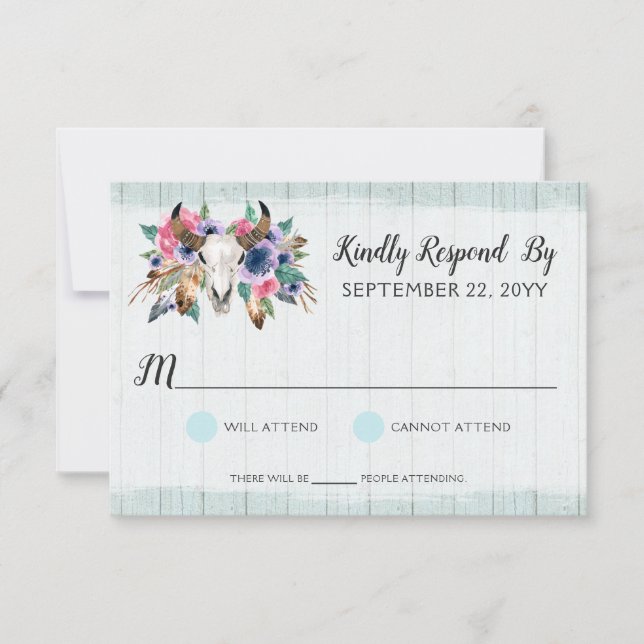 Rustic Floral Cow Skull Bohemian Wedding RSVP (Front)