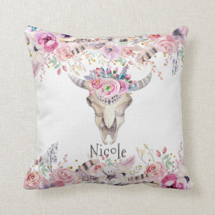 Rustic Floral Cow Skull Boho Chic Glam Custom Cushion